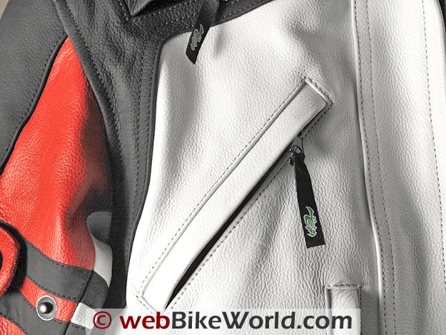 Front vent at upper chest and details of the leather graining on the Camino jacket.