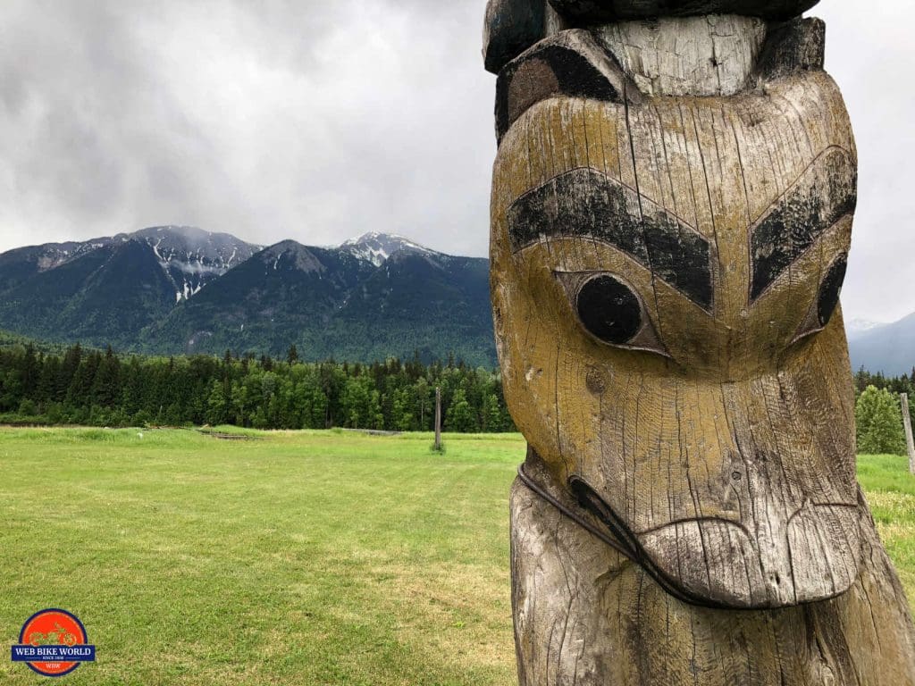 Close up of a totem pole at Kitwanga.