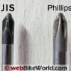 Image showing the difference between a Phillips and JIS screwdriver tip.
