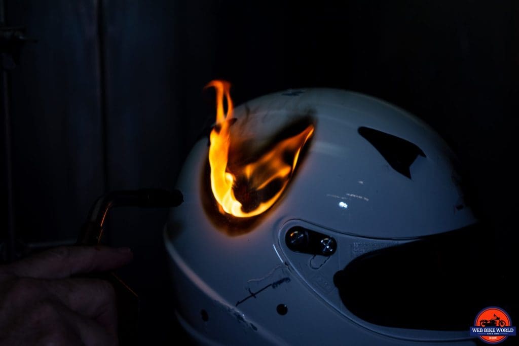 A helmet on fire at the Snell laboratory.