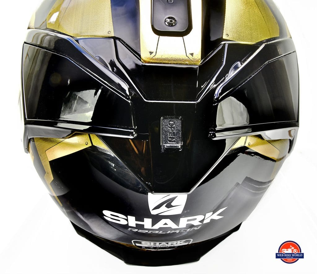 The Shark Spartan GT Replikan rear exhaust vent is labeled "open" when in the open position.