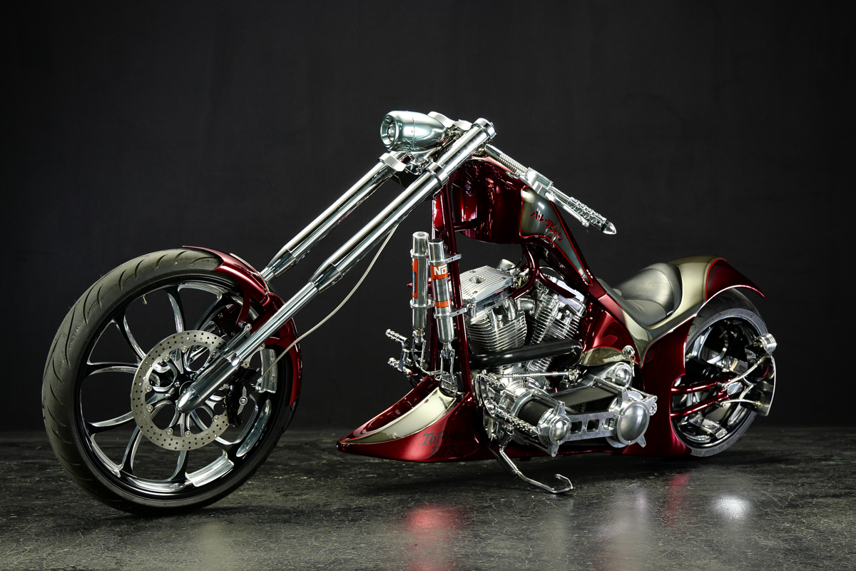 A side profile of the left side of the Bad Land 1992 EVO 300 Wide Tire Chopper, also known as ‘The Hades Chopper’. 