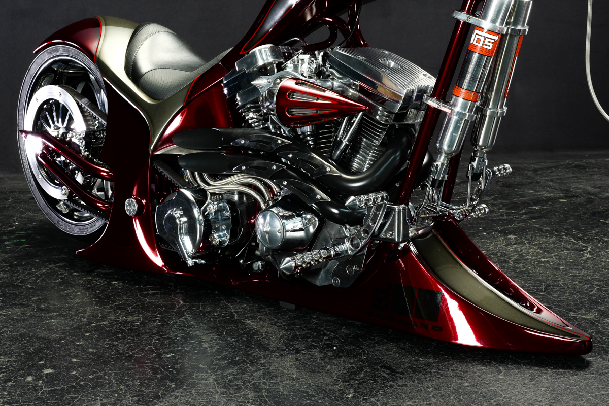 a view of the engine and lowering capabilities of the Bad Land 1992 EVO 300 Wide Tire Chopper, also known as ‘The Hades Chopper’. 