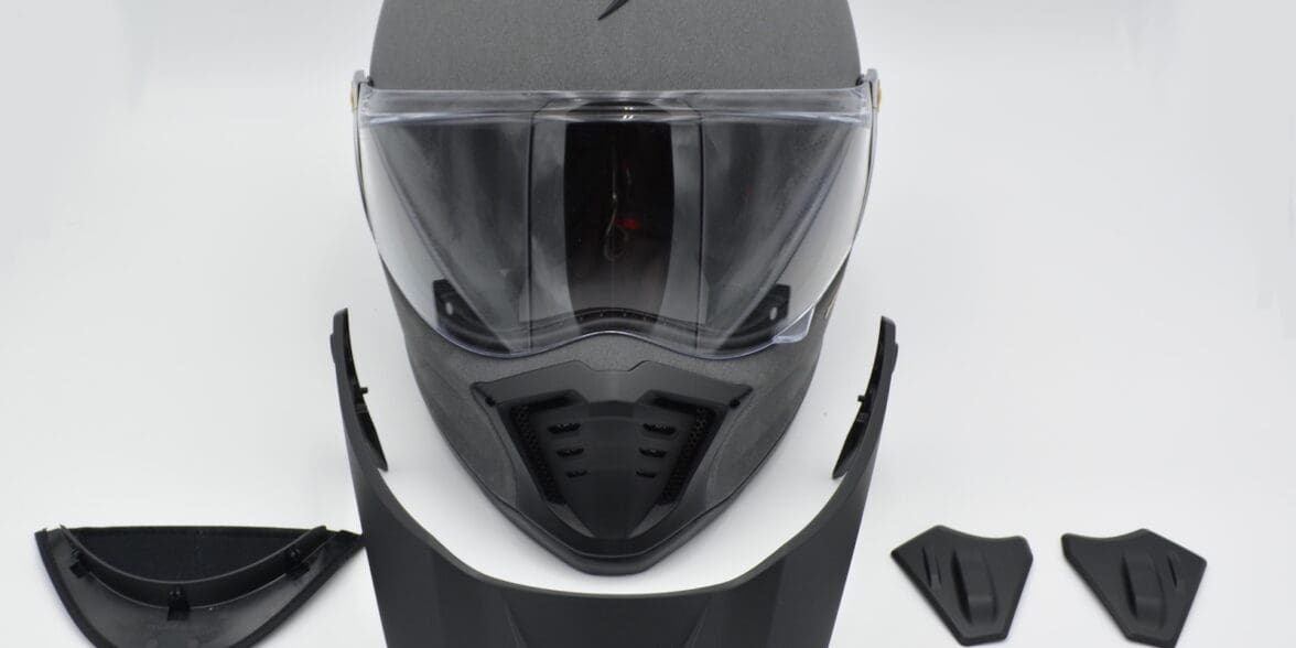 A view of the Scorpion EXO HX1 Helmet with everything that comes in the box