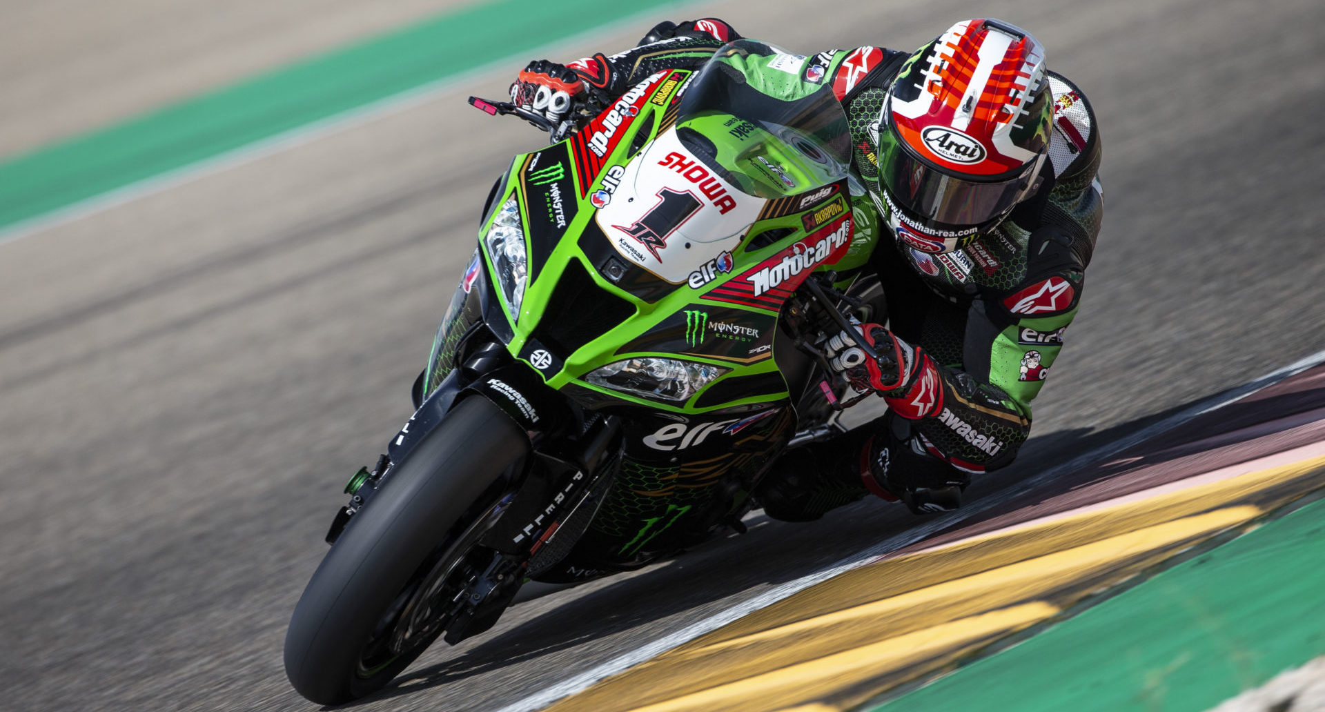 A view of professional racer Jonathan Rea featuring an Arai helmet at WorldSBK