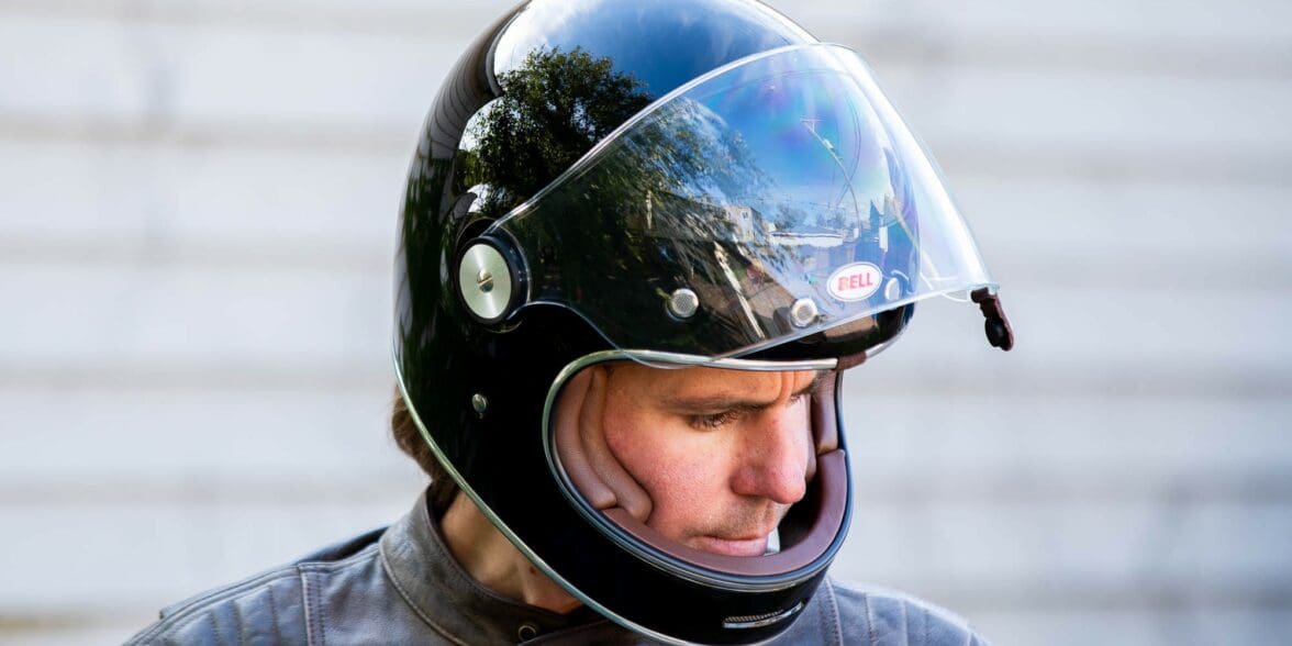 Author wearing Bell Bullitt Helmet with face shield raised