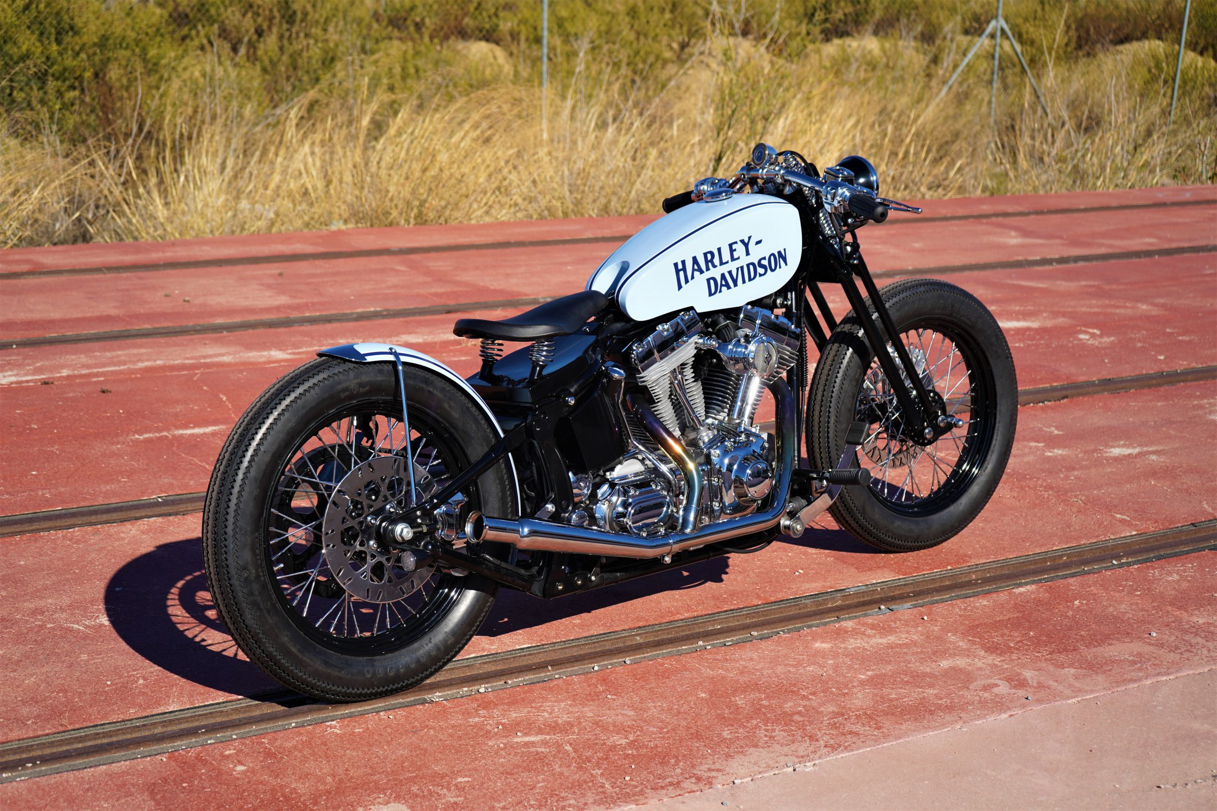 A side view from the custom "Springer Bobber Blue" Harley-Davidson Softail Standard Motorcycle from Lord Drake Kustoms