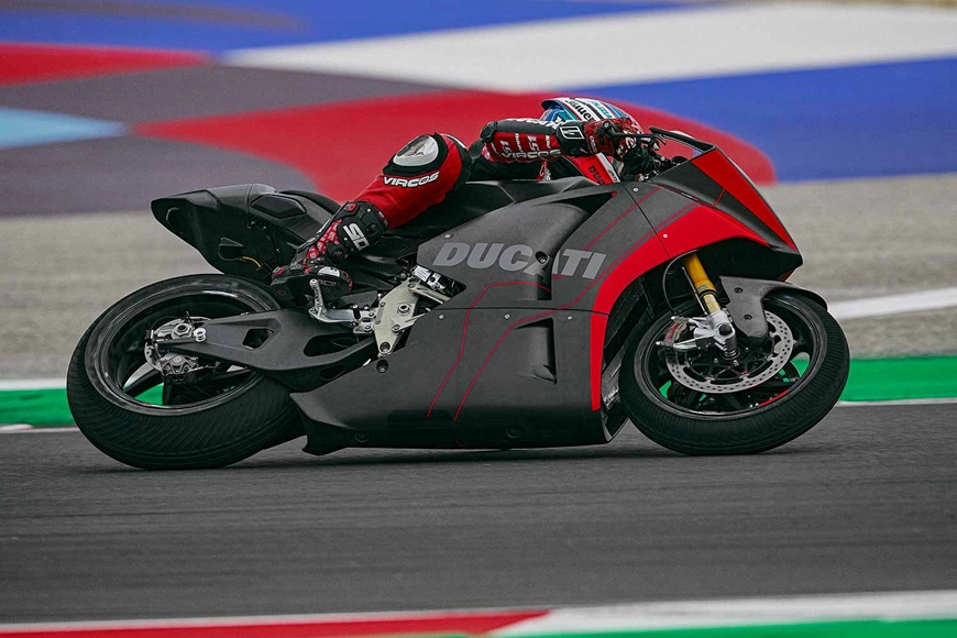 A view of the new MotoE electric prototype being tested on the track at Misano by Ducati rider and tester, Michele Pirro