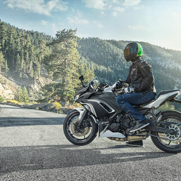 A view of a motorcyclist looking into the direction of his route