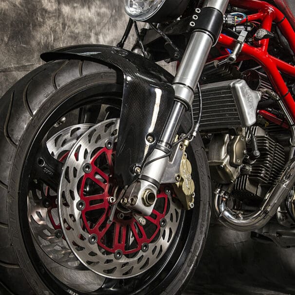 A view of the 2003 Ducati Monster 1000 courtesy of XTR Pepo that was outfitted to the extreme for both the road and the track