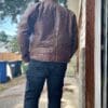 Rear of author wearing REV'IT Restless leather jacket outside