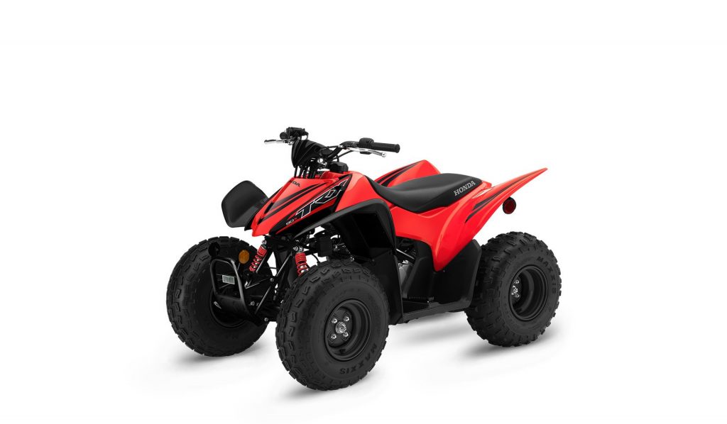Red 2022 Honda TRX90X on white background