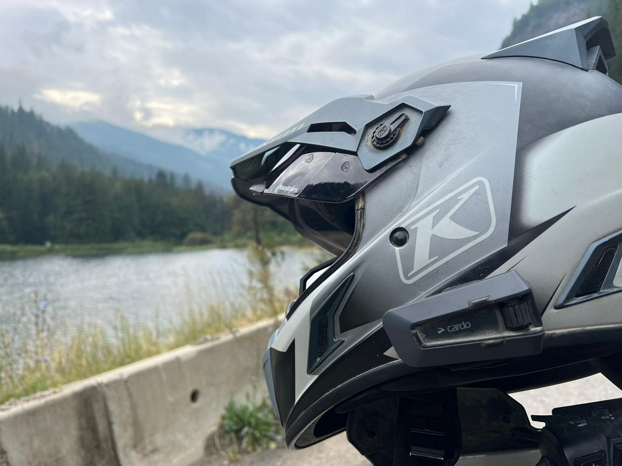 The Cardo Packtalk Edge installed in a Klim Krios Pro.