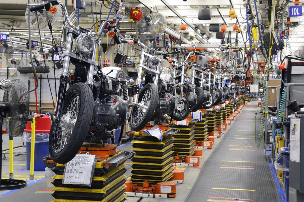 A lineup of Harley bikes at a production plant waiting for the next step in the process. Photo courtesy of Motorcycle.com. 