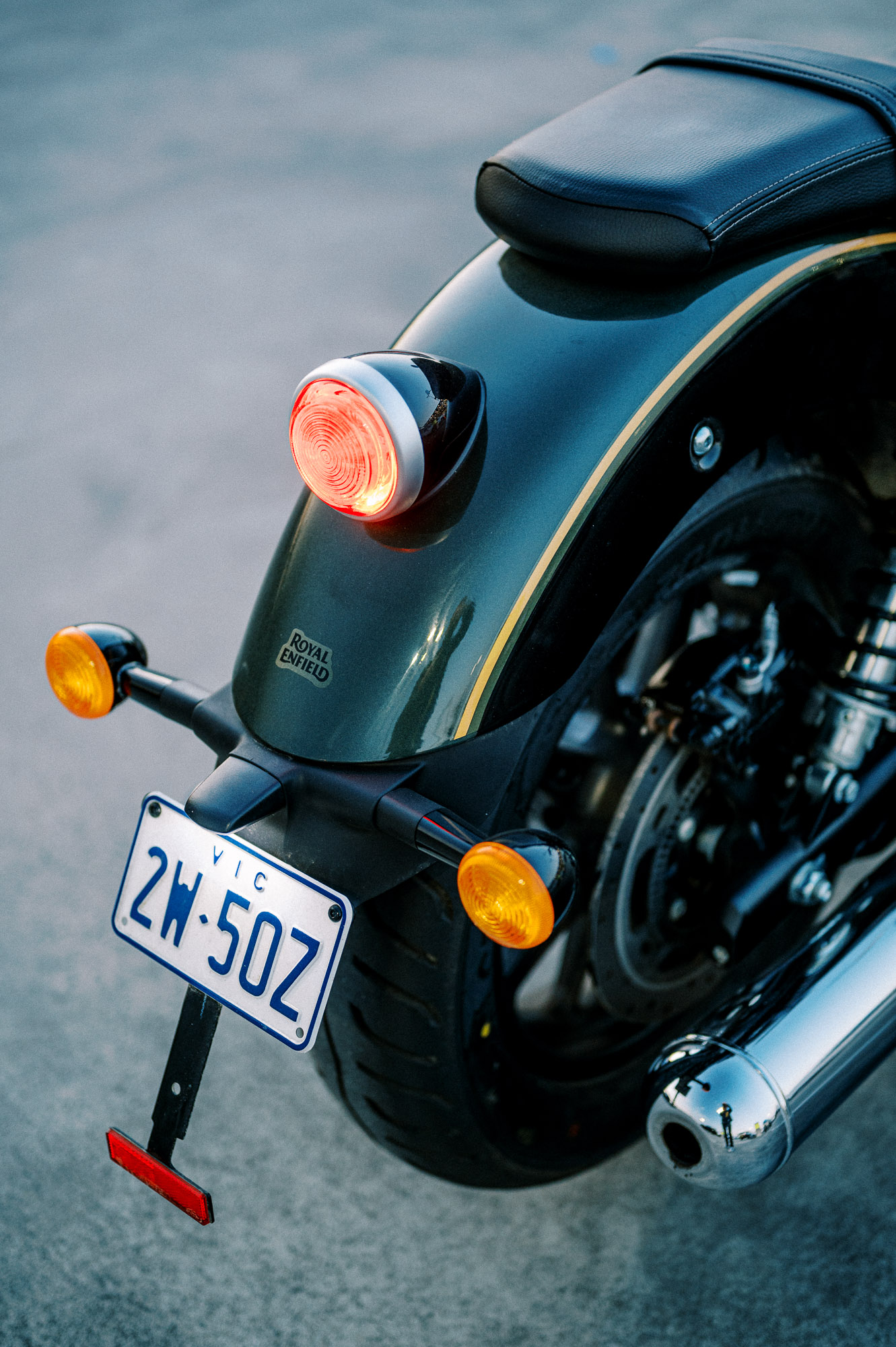 a close-up of Royal Enfield's 2023 Super Meteor 650 motorcycle
