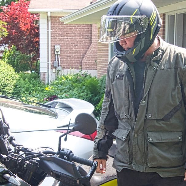 Male rider wearing the Merlin Mahala Pro D30 Explorer Jacket