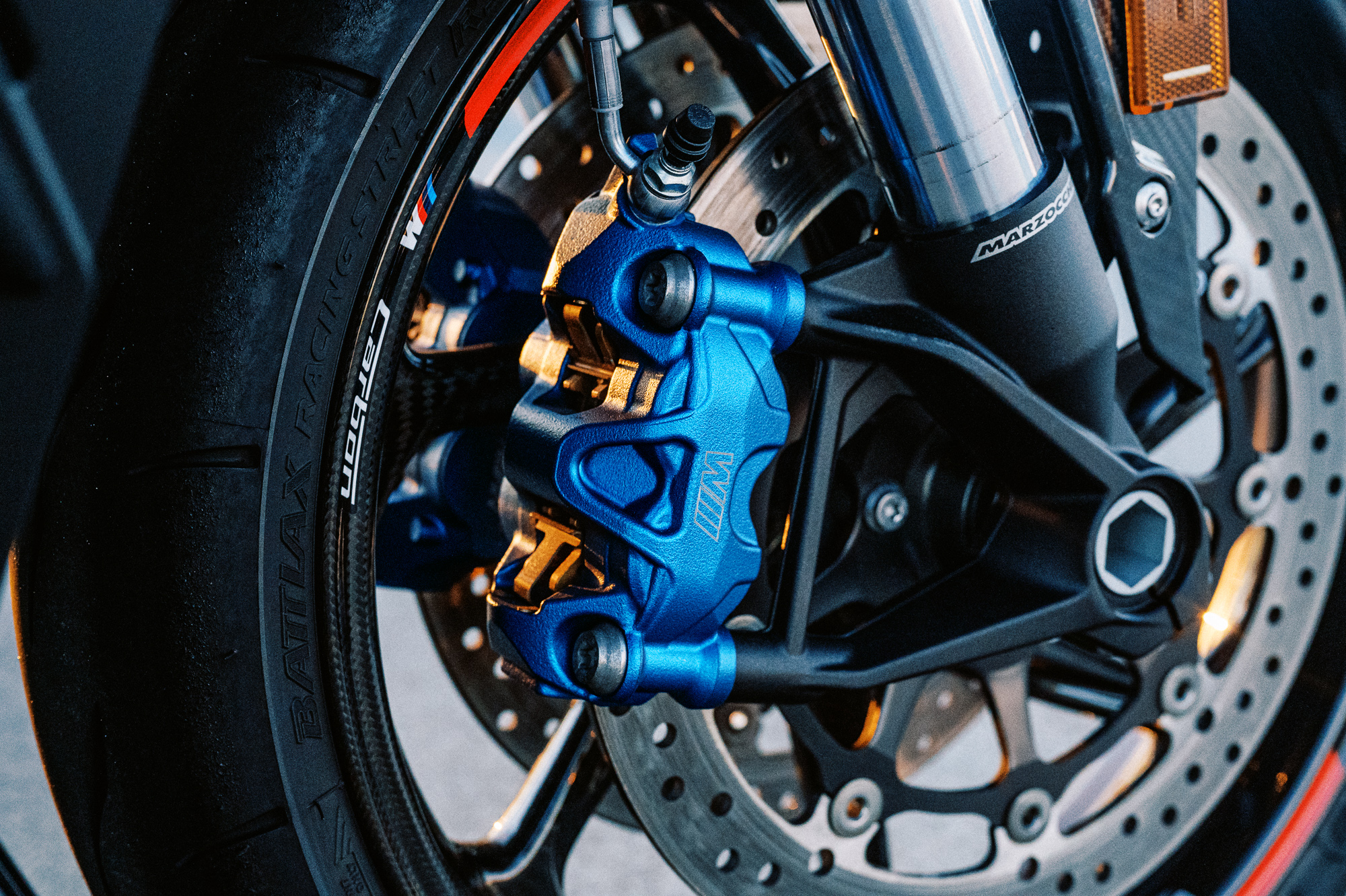 A detail shot of the 2023 BMW M 1000 R motorcycle