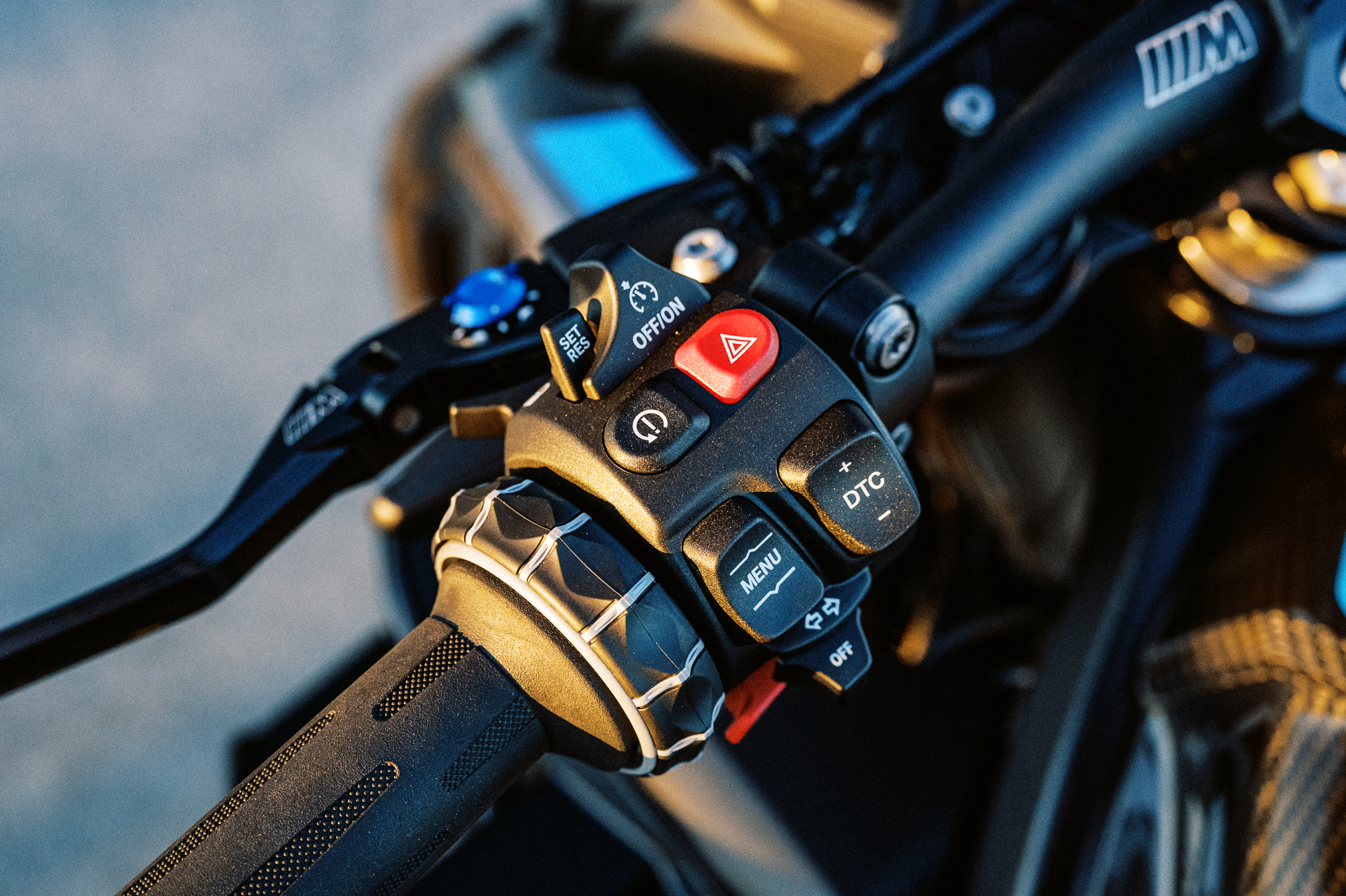 A detail shot of the 2023 BMW M 1000 R motorcycle