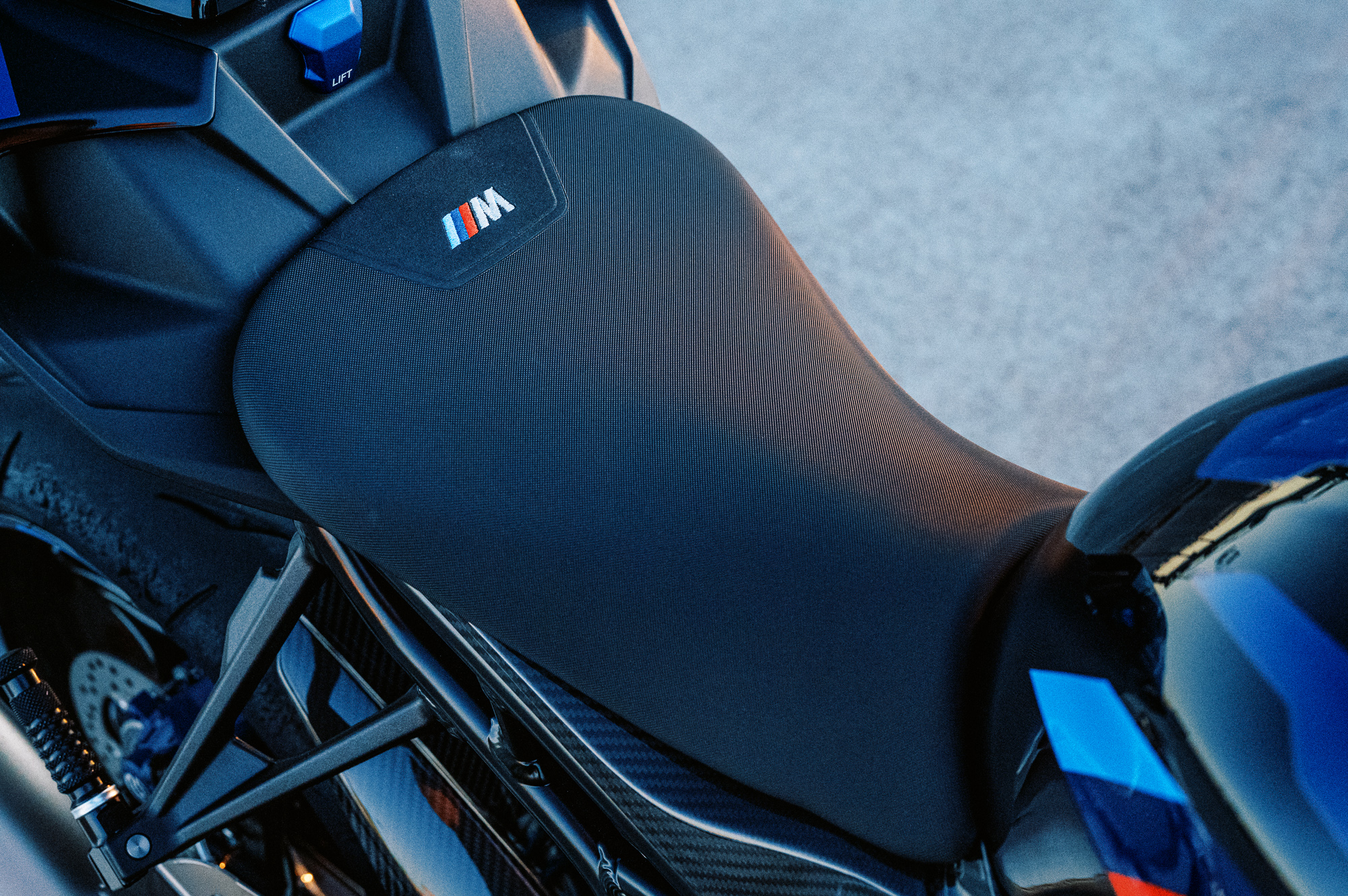 A detail shot of the 2023 BMW M 1000 R motorcycle