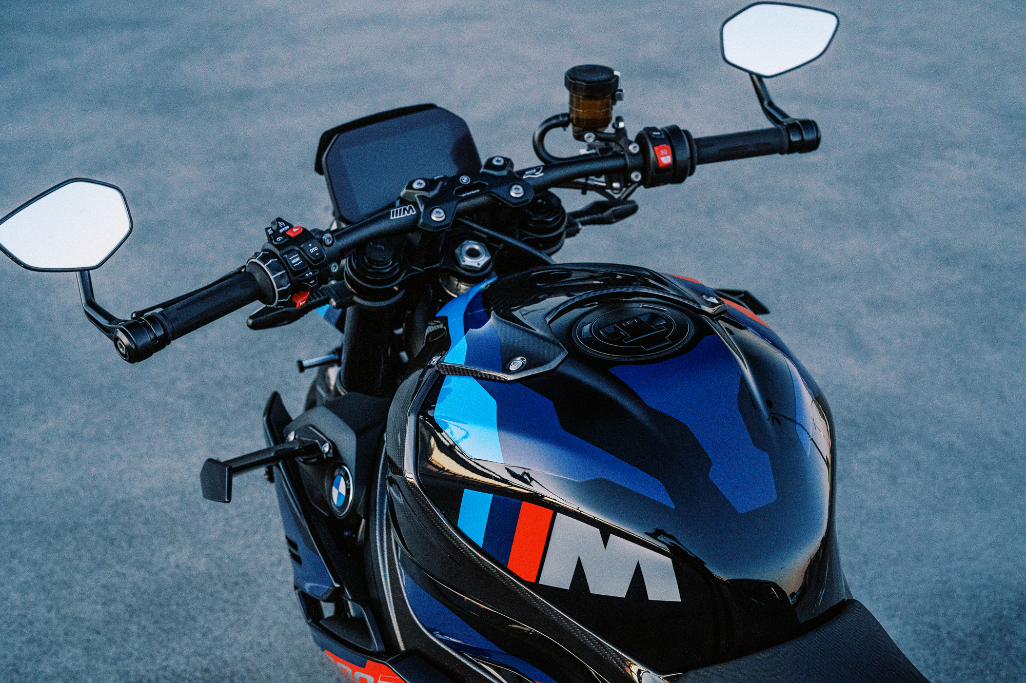 A detail shot of the 2023 BMW M 1000 R motorcycle