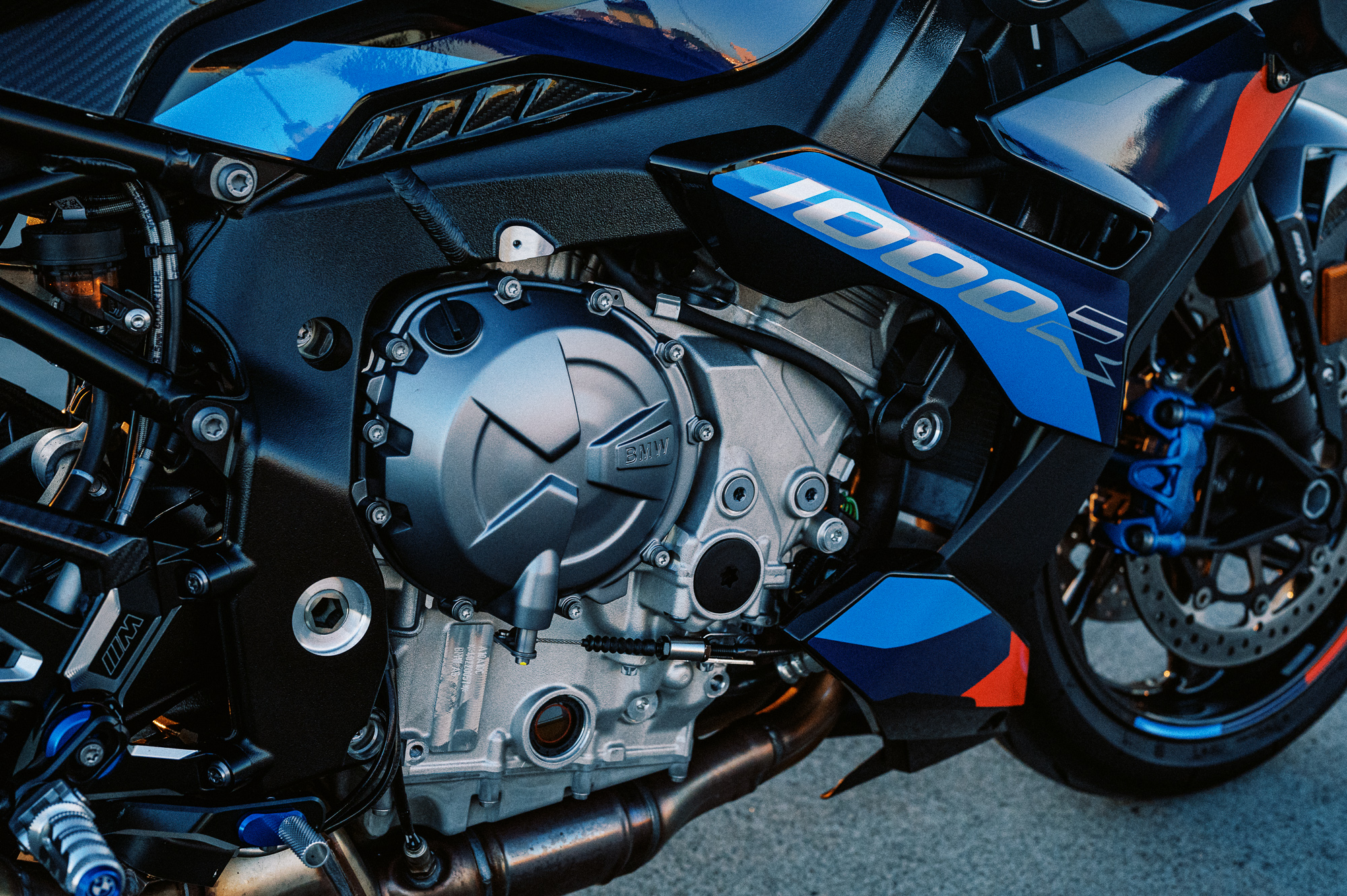 A detail shot of the 2023 BMW M 1000 R motorcycle