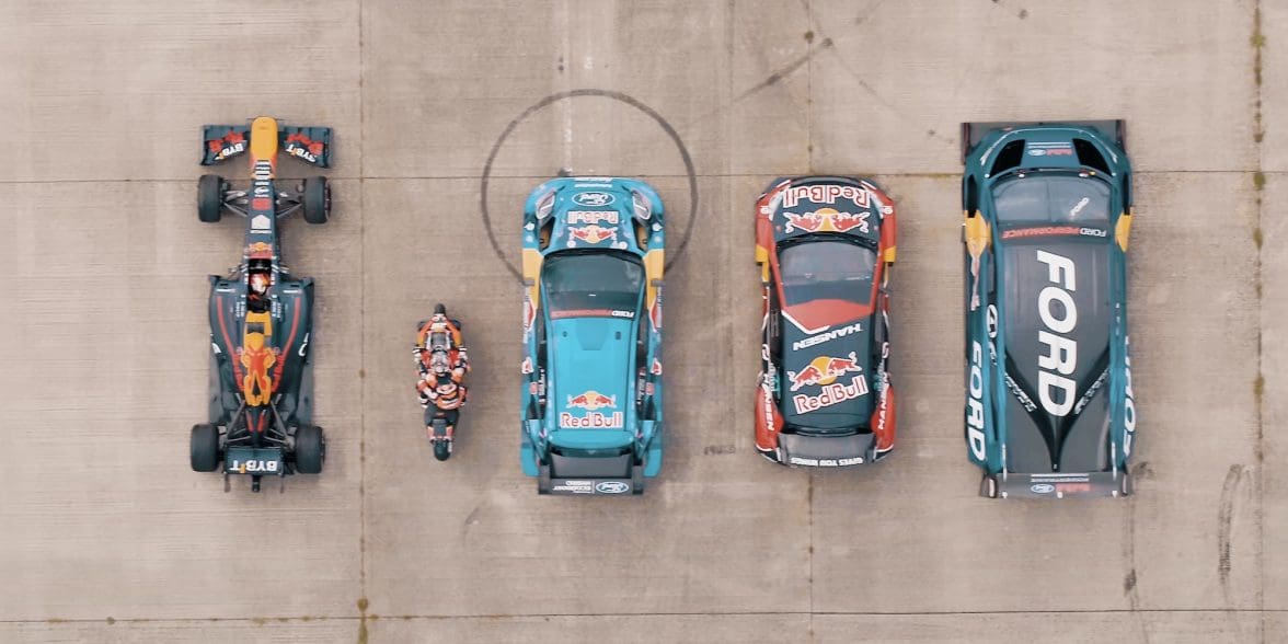 A MotoGP bike, a Formula One racer, two Rally cars and a 2,040hp SuperVan try drag racing. Media sourced from Red Bull on Youtube.