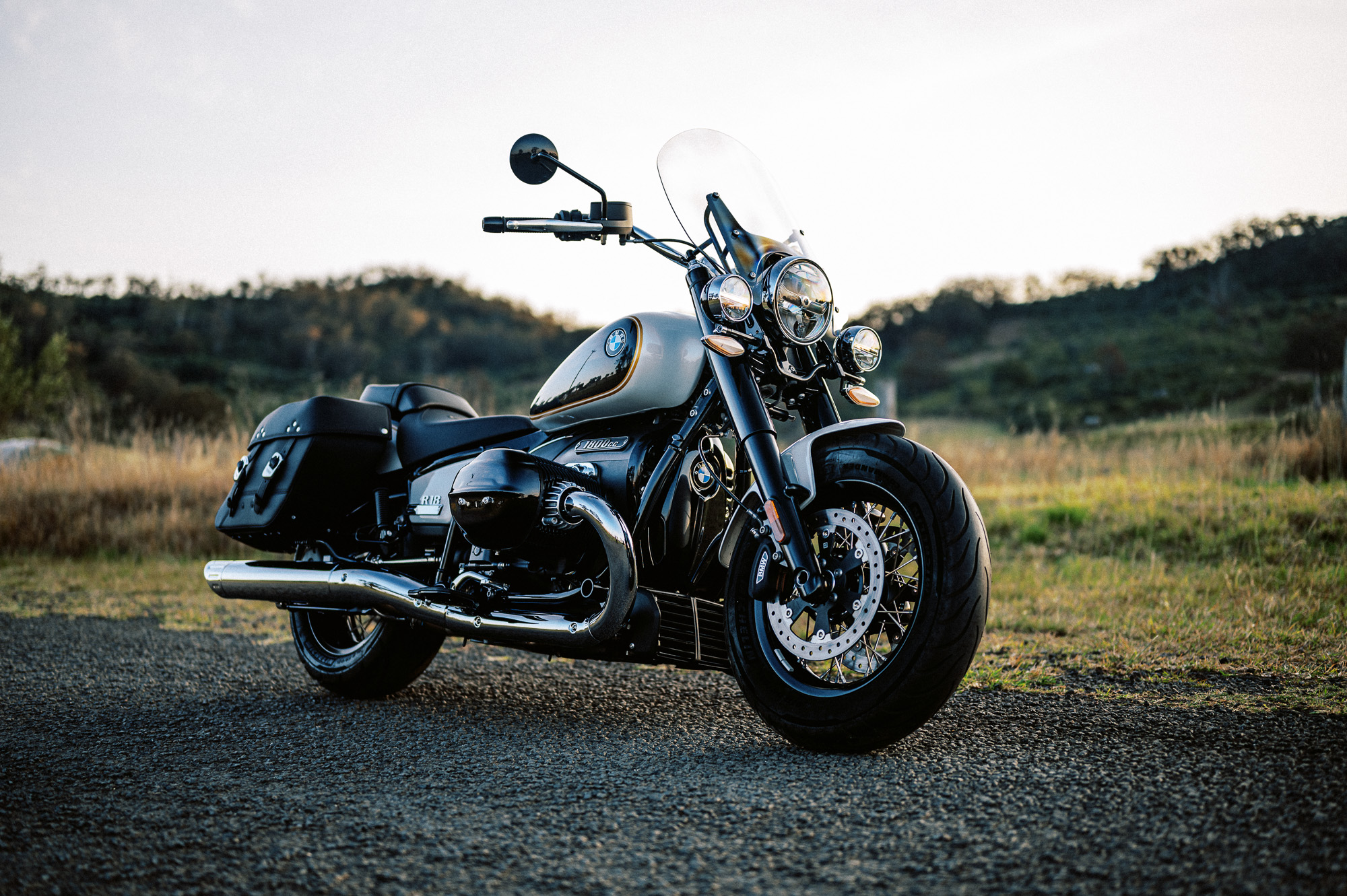 A 2023 BMW R 18 Cruiser Motorcycle at dusk in Sydney