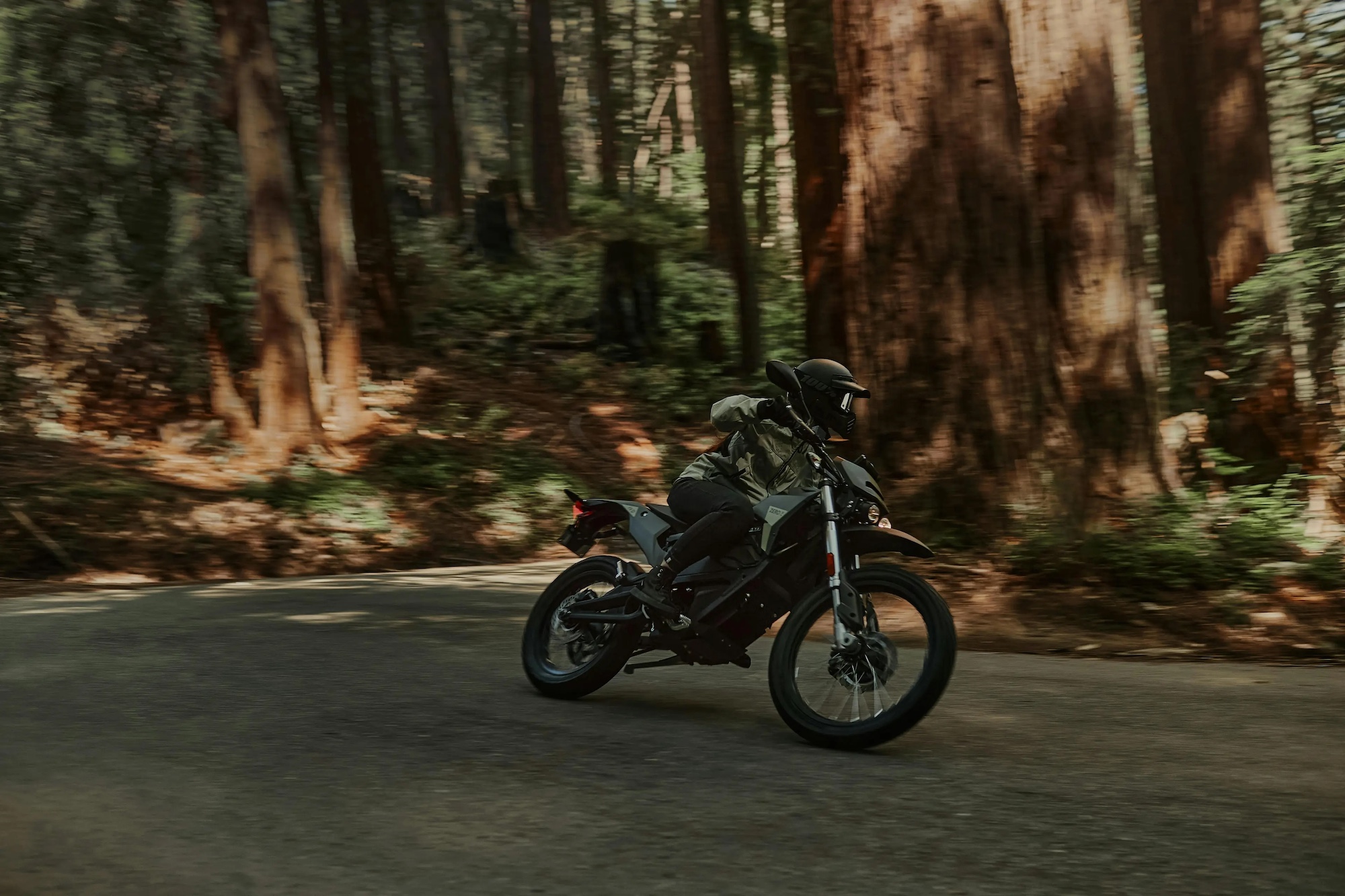 A view of a rider on an electric motorcycle.